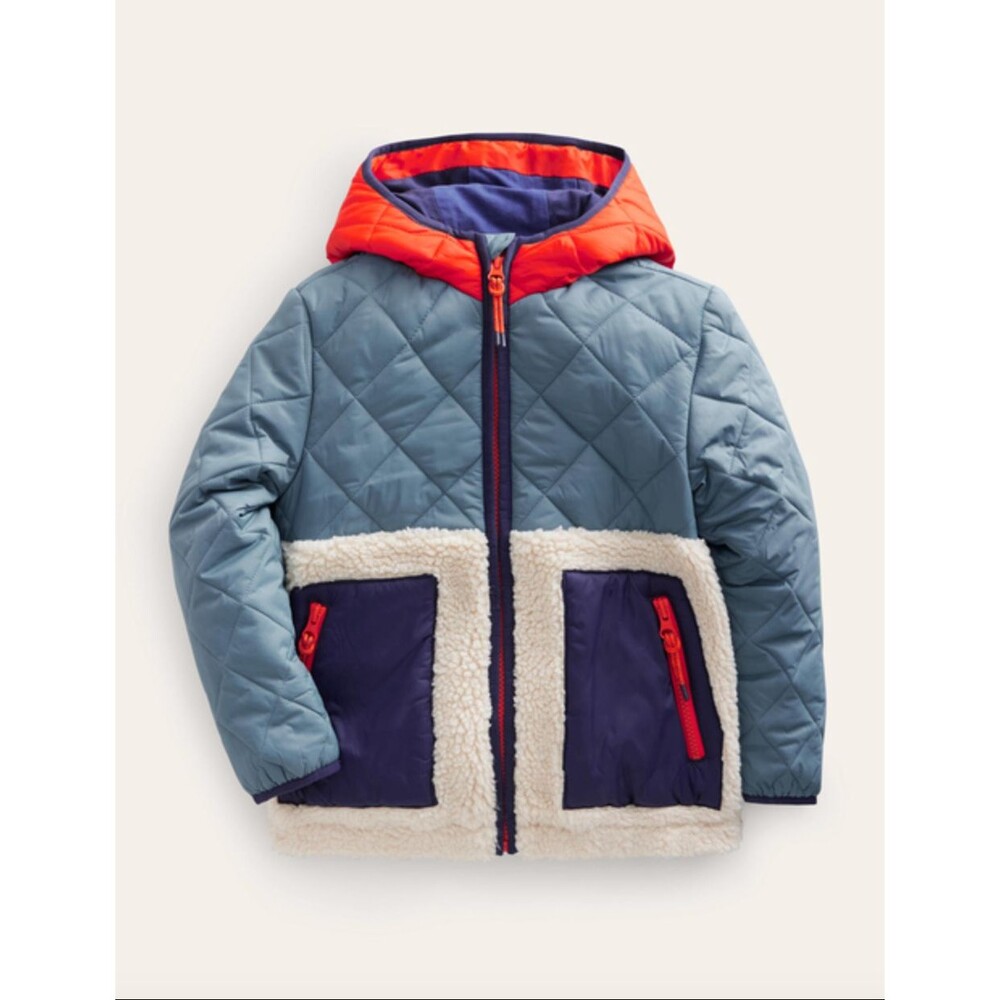 Mini Boden Jacket borg mix quilted full zip hood unisex Blue size 6-7Y colorful